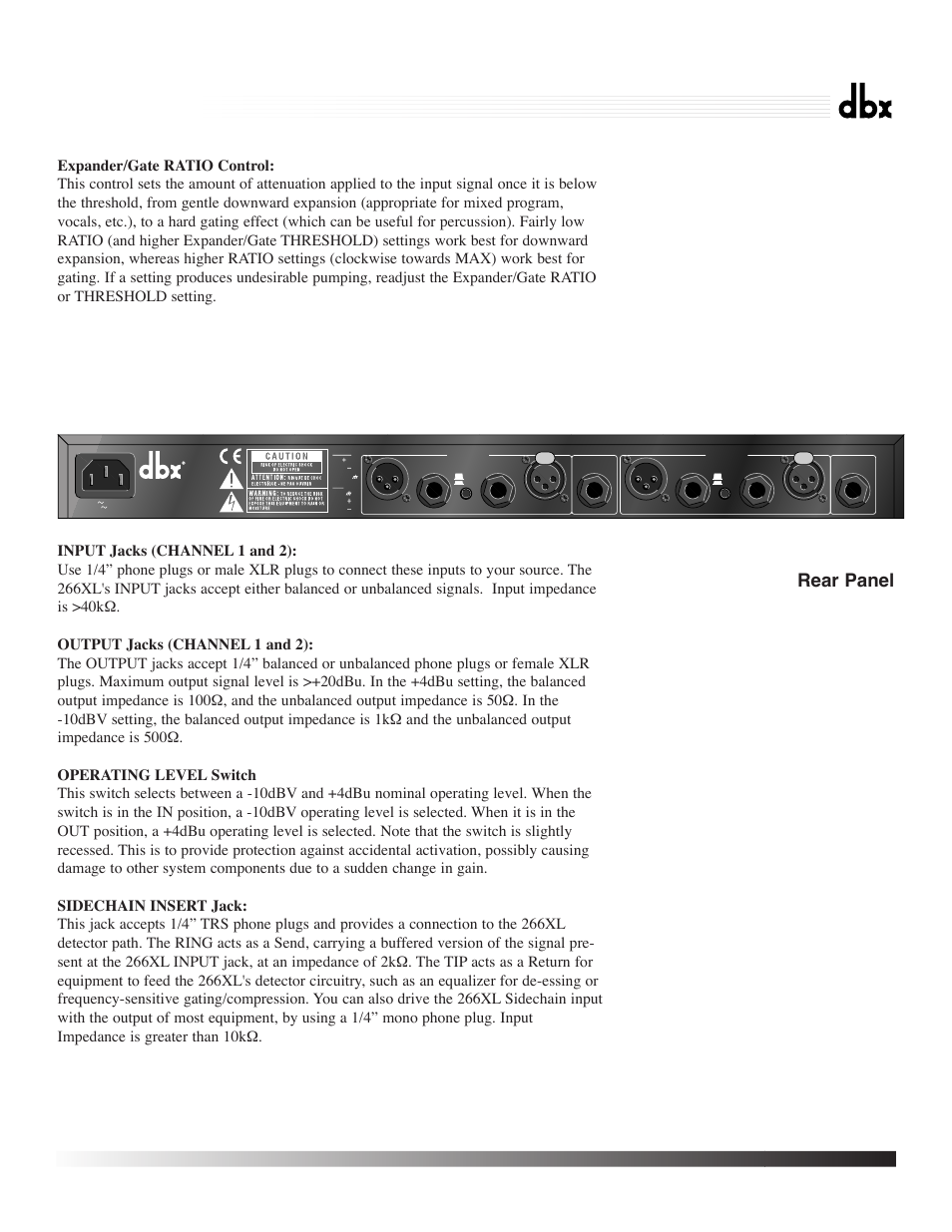 266xl, Compressor / gate, Rear panel | dbx Pro 266XL User Manual | Page 8 / 44