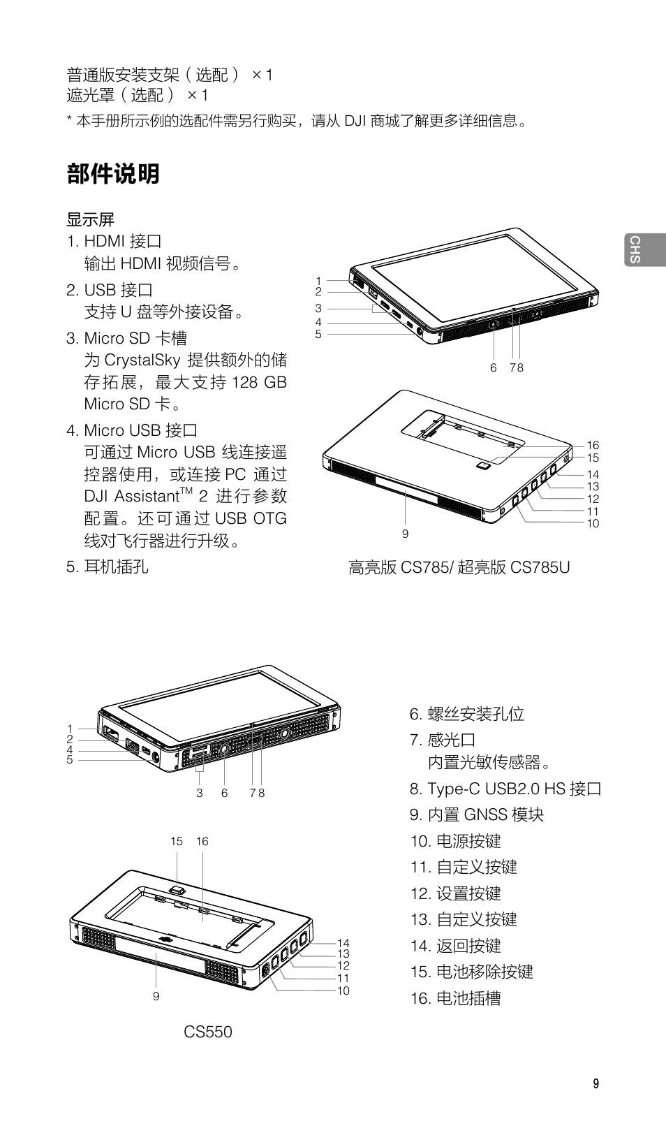 部件说明 | DJI CrystalSky 5.5" High-Brightness Monitor User Manual | Page 10 / 78