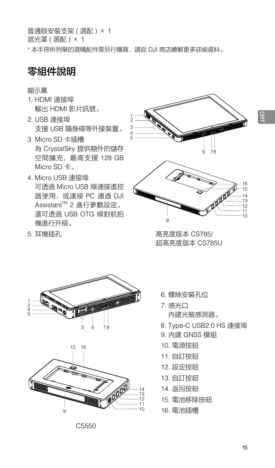 零組件說明 | DJI CrystalSky 5.5" High-Brightness Monitor User Manual | Page 16 / 78