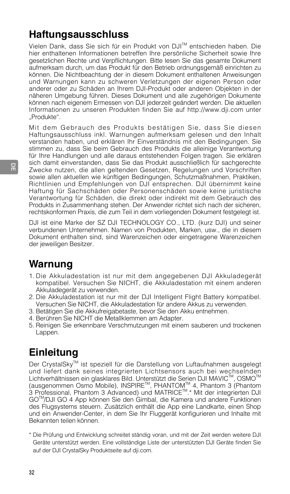 Bedienungsanleitung, Haftungsausschluss, Warnung | Einleitung | DJI CrystalSky 5.5" High-Brightness Monitor User Manual | Page 33 / 78