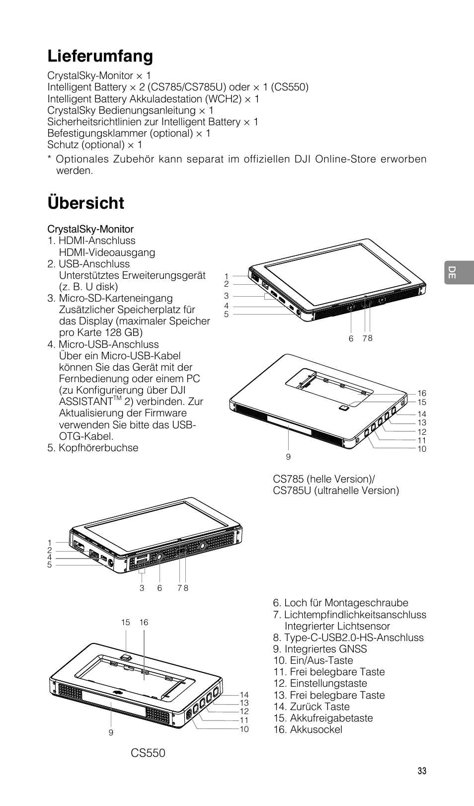 Lieferumfang, Übersicht | DJI CrystalSky 5.5" High-Brightness Monitor User Manual | Page 34 / 78