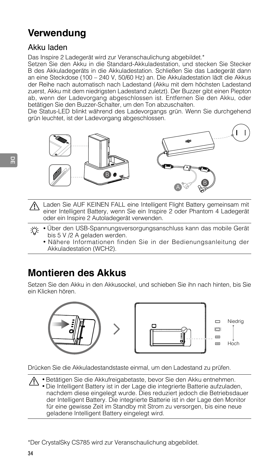 Montieren des akkus, Verwendung, Akku laden | DJI CrystalSky 5.5" High-Brightness Monitor User Manual | Page 35 / 78