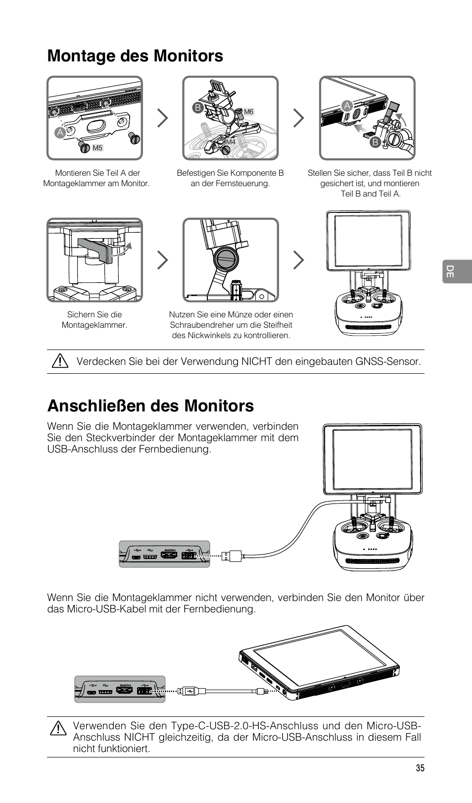 Montage des monitors, Anschließen des monitors | DJI CrystalSky 5.5" High-Brightness Monitor User Manual | Page 36 / 78