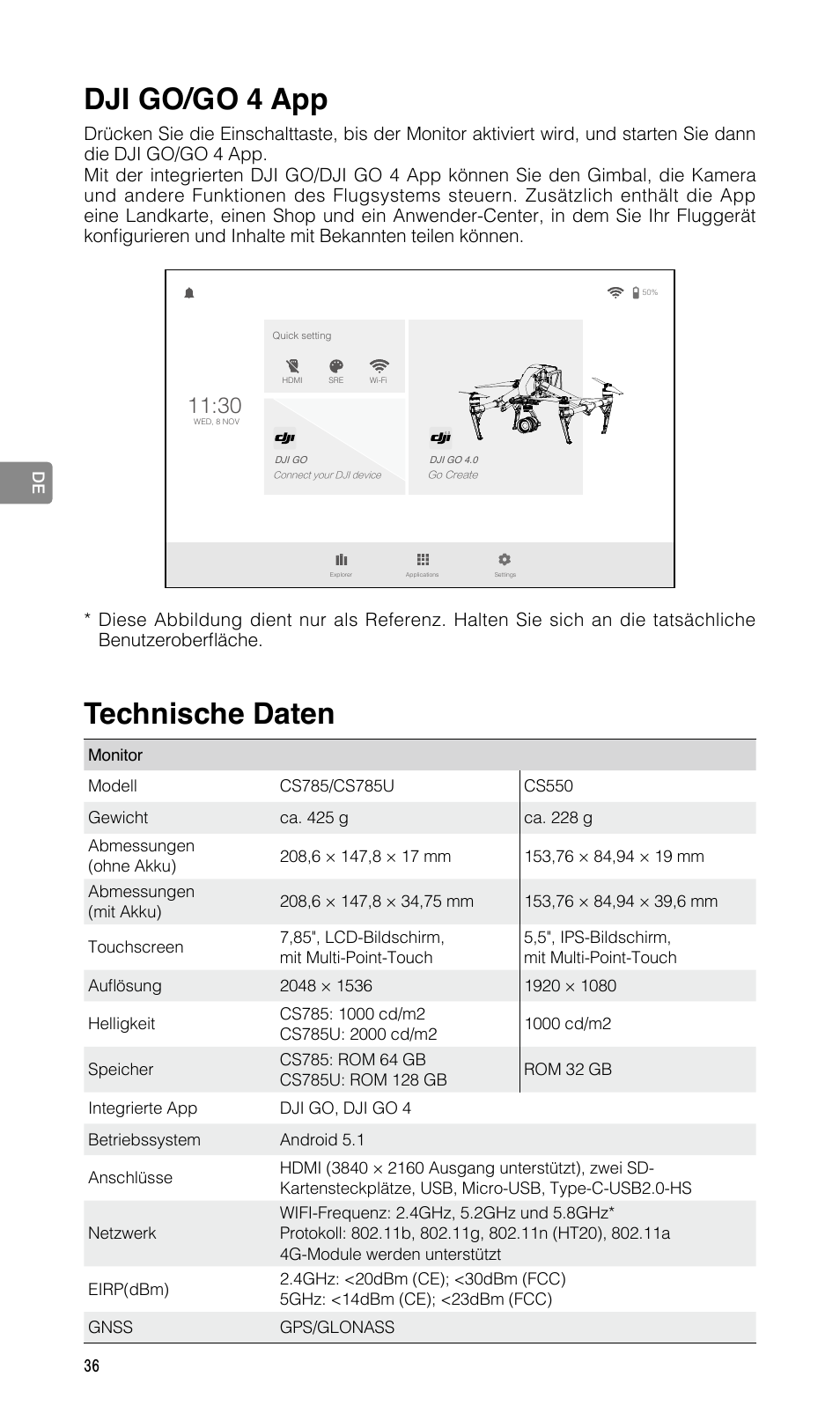 Dji go/go 4 app, Technische daten | DJI CrystalSky 5.5" High-Brightness Monitor User Manual | Page 37 / 78