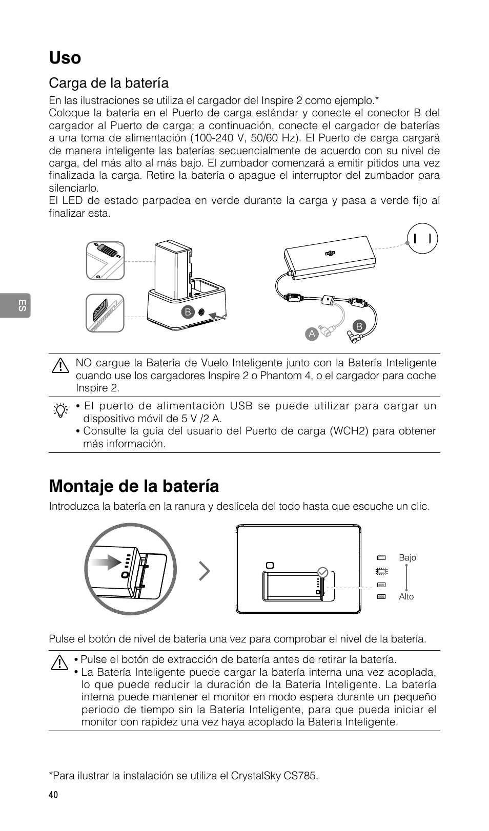 Montaje de la batería, Carga de la batería | DJI CrystalSky 5.5" High-Brightness Monitor User Manual | Page 41 / 78