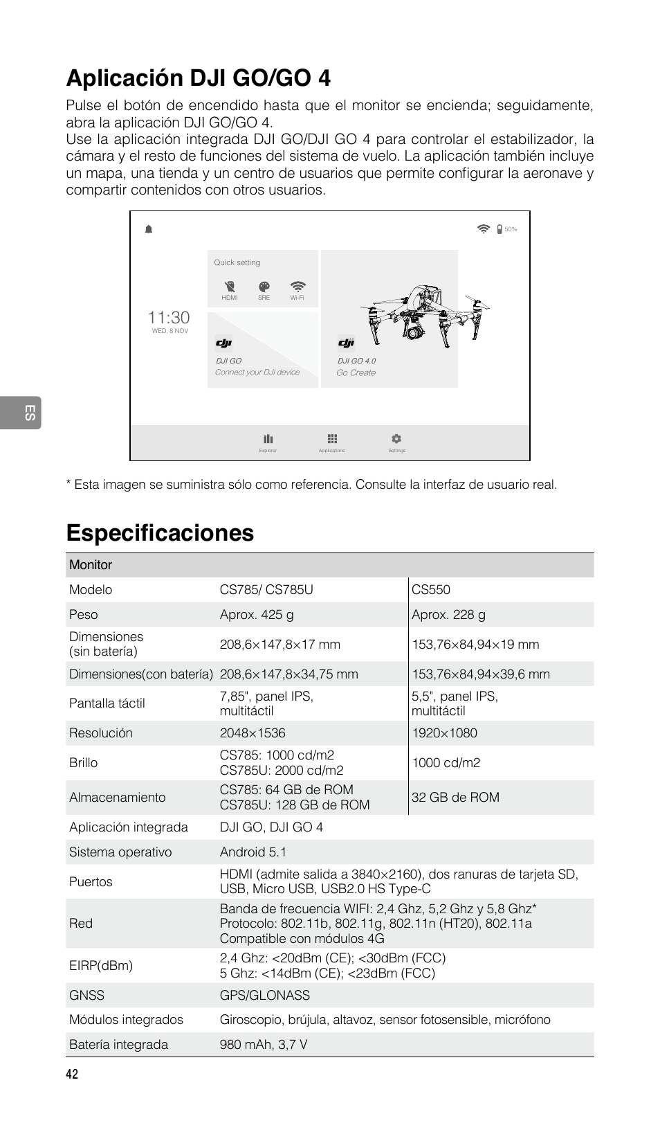 Aplicación dji go/go 4, Especificaciones | DJI CrystalSky 5.5" High-Brightness Monitor User Manual | Page 43 / 78