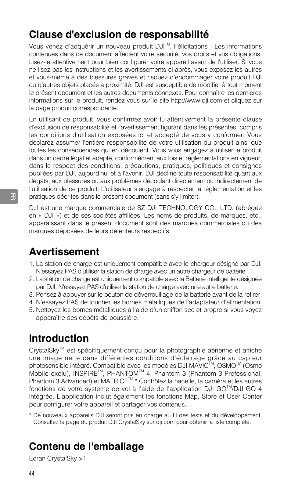 Guide de l’utilisateur, Clause d'exclusion de responsabilité, Avertissement | Introduction, Contenu de l'emballage | DJI CrystalSky 5.5