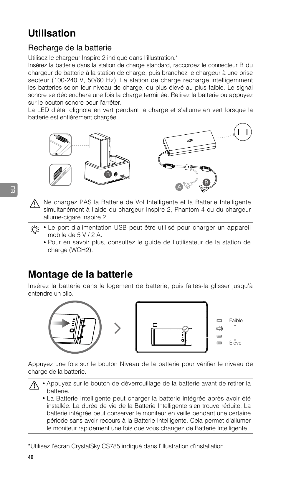 Montage de la batterie, Utilisation, Recharge de la batterie | DJI CrystalSky 5.5" High-Brightness Monitor User Manual | Page 47 / 78
