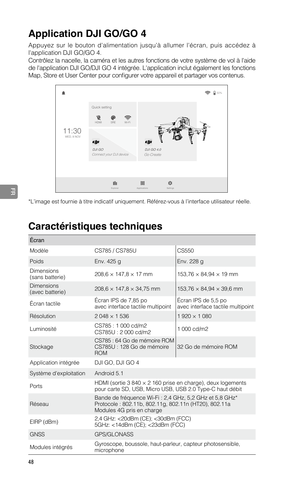 Application dji go/go 4, Caractéristiques techniques | DJI CrystalSky 5.5" High-Brightness Monitor User Manual | Page 49 / 78