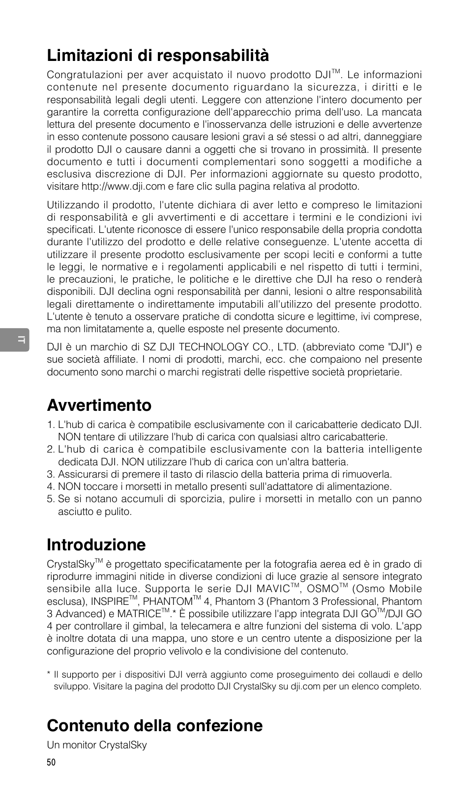Guida dell’utente, Limitazioni di responsabilità, Avvertimento | Introduzione, Contenuto della confezione | DJI CrystalSky 5.5" High-Brightness Monitor User Manual | Page 51 / 78