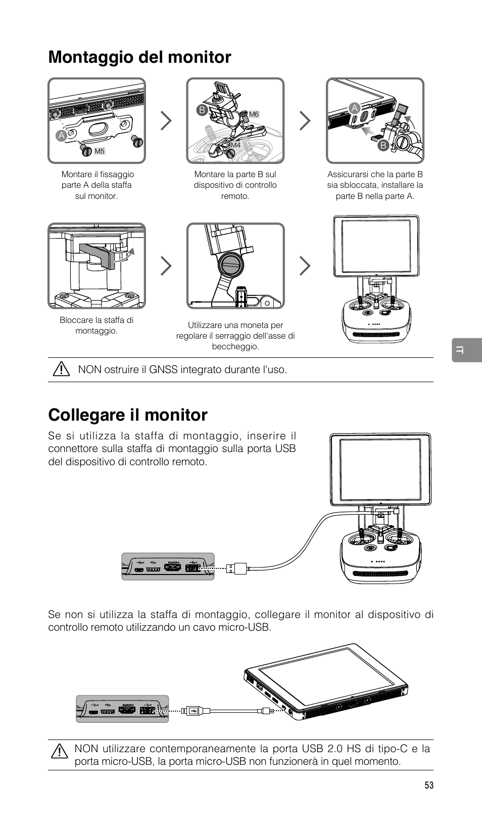 Montaggio del monitor, Collegare il monitor | DJI CrystalSky 5.5" High-Brightness Monitor User Manual | Page 54 / 78