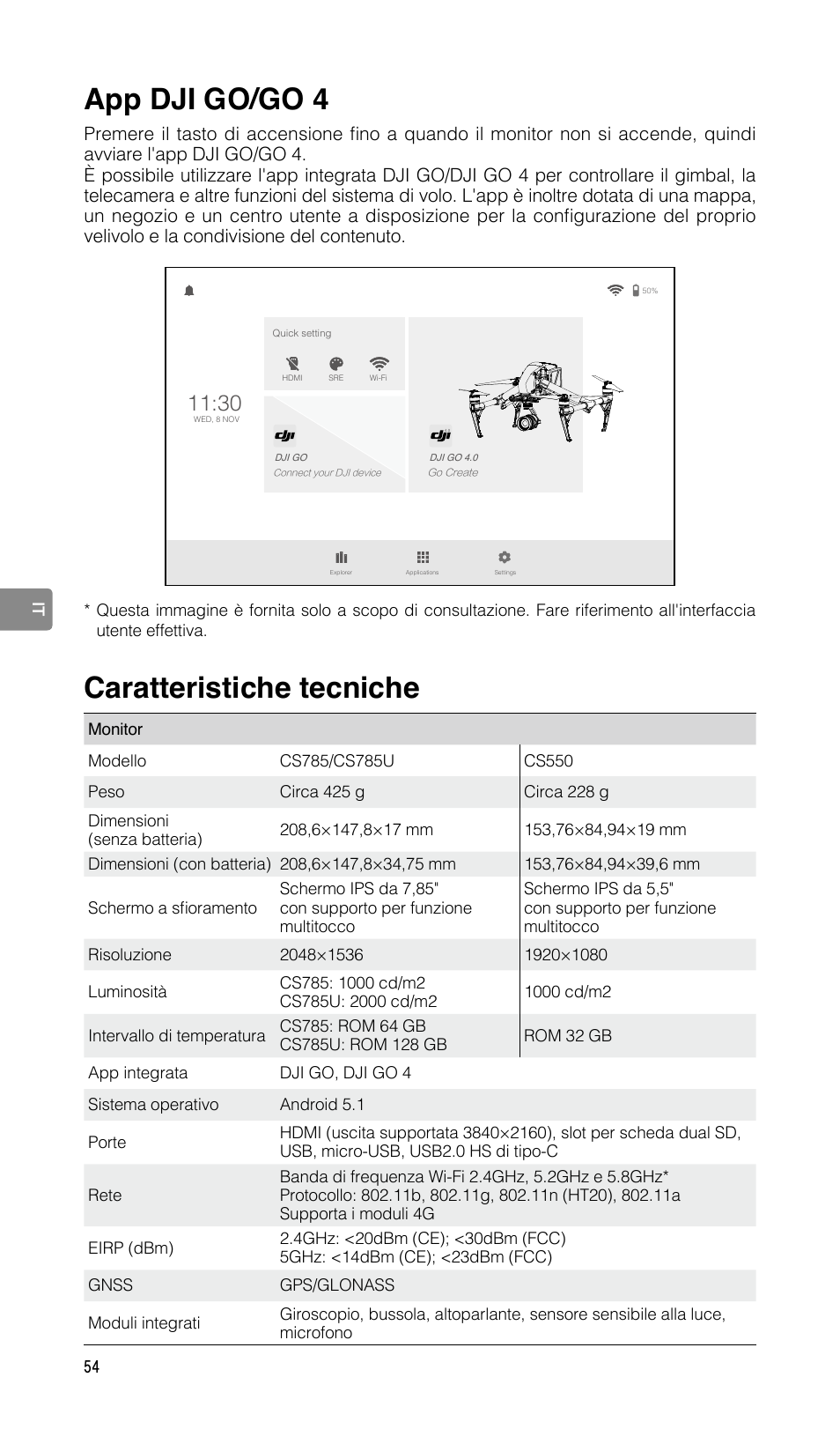 App dji go/go 4, Caratteristiche tecniche | DJI CrystalSky 5.5" High-Brightness Monitor User Manual | Page 55 / 78