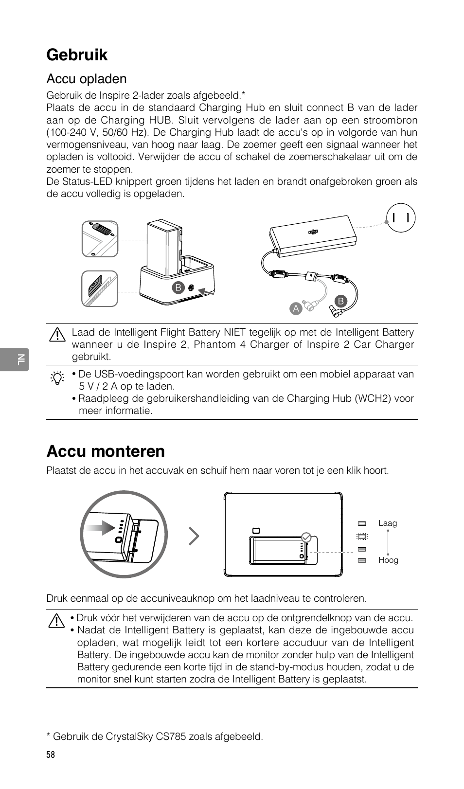 Accu monteren, Gebruik, Accu opladen | DJI CrystalSky 5.5" High-Brightness Monitor User Manual | Page 59 / 78