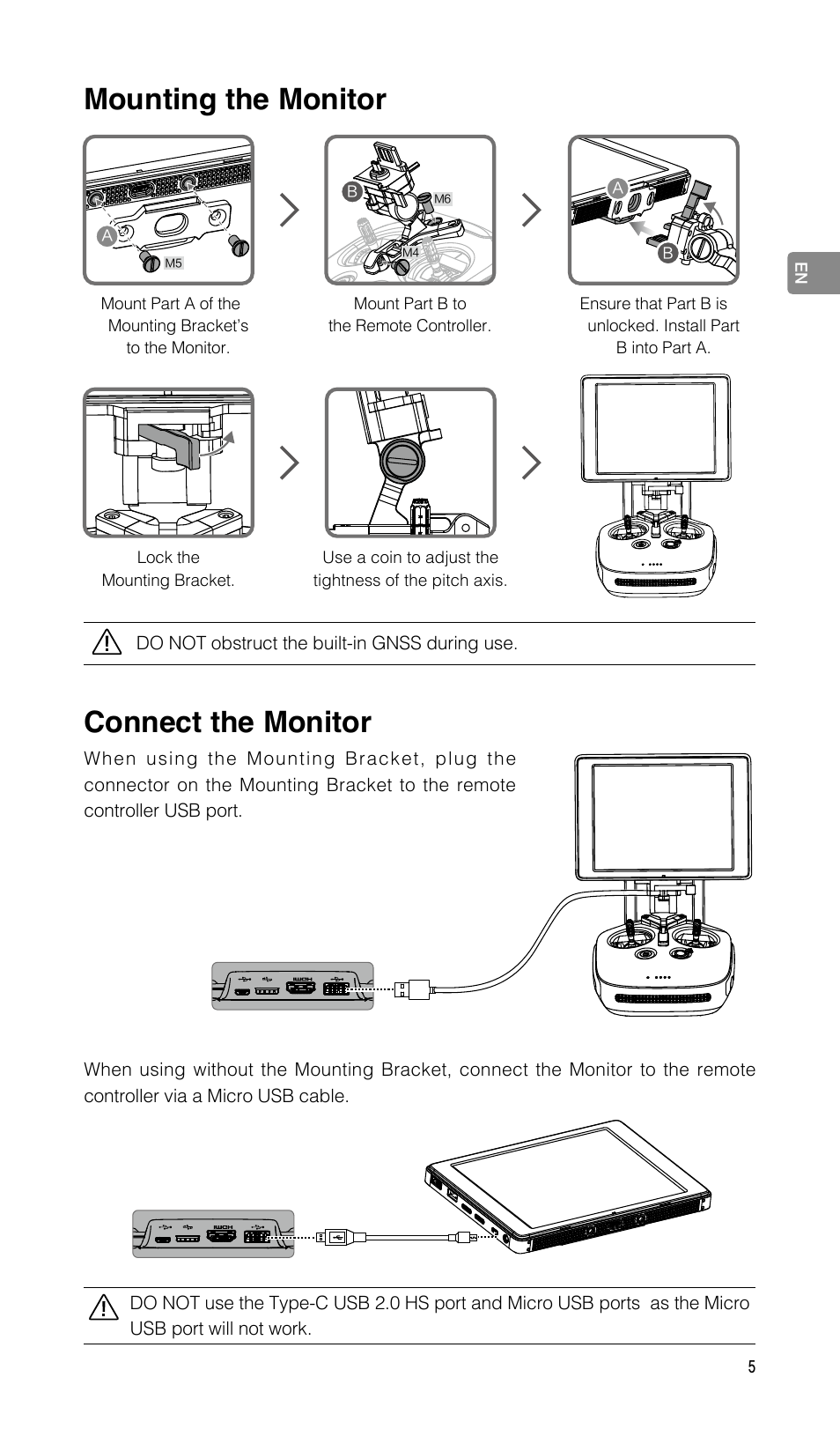 Mounting the monitor, Connect the monitor | DJI CrystalSky 5.5" High-Brightness Monitor User Manual | Page 6 / 78