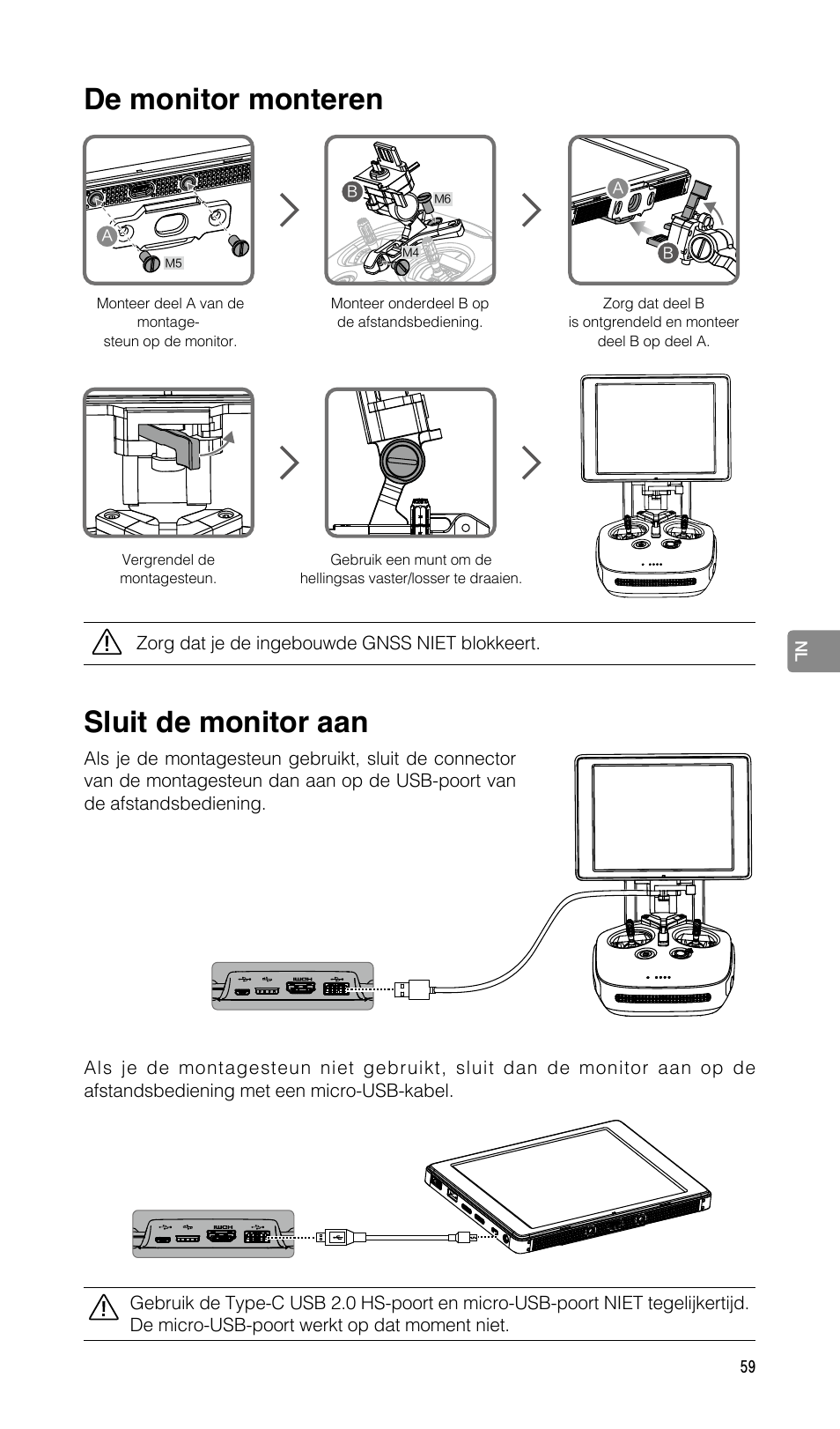 De monitor monteren, Sluit de monitor aan | DJI CrystalSky 5.5" High-Brightness Monitor User Manual | Page 60 / 78