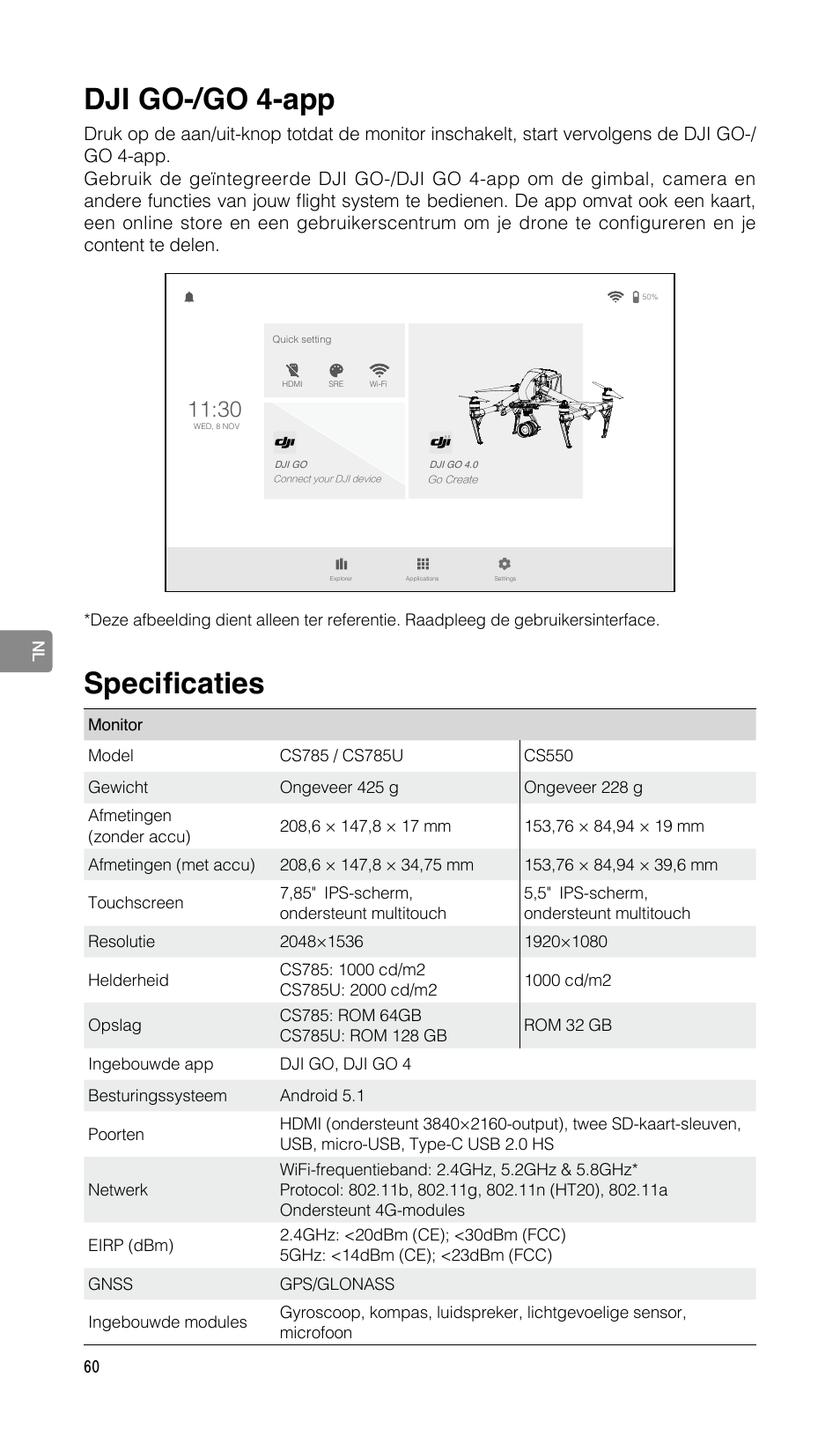 Dji go-/go 4-app, Specificaties | DJI CrystalSky 5.5" High-Brightness Monitor User Manual | Page 61 / 78