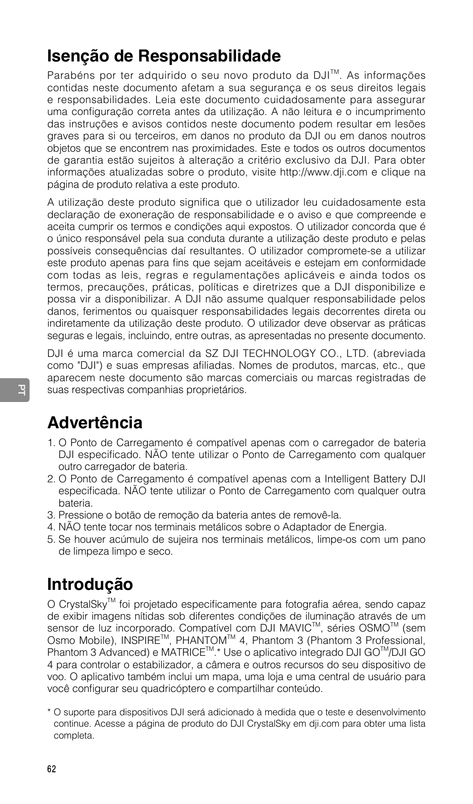 Manual do utilizador, Isenção de responsabilidade, Advertência | Introdução | DJI CrystalSky 5.5" High-Brightness Monitor User Manual | Page 63 / 78