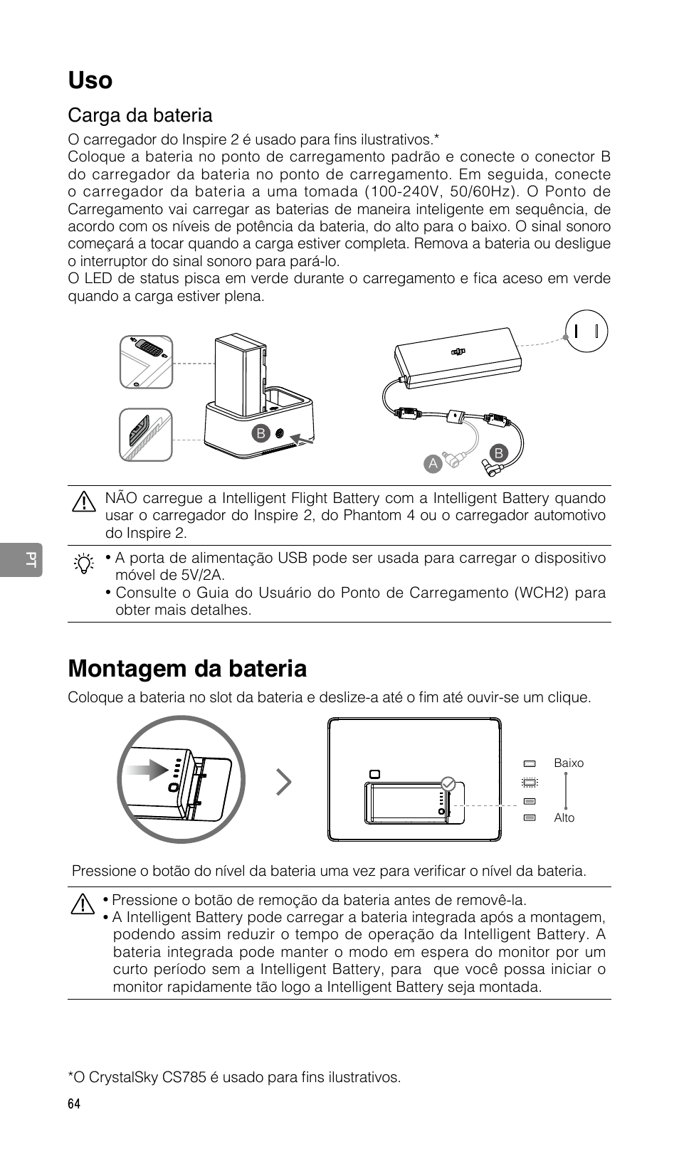 Montagem da bateria, Carga da bateria | DJI CrystalSky 5.5" High-Brightness Monitor User Manual | Page 65 / 78