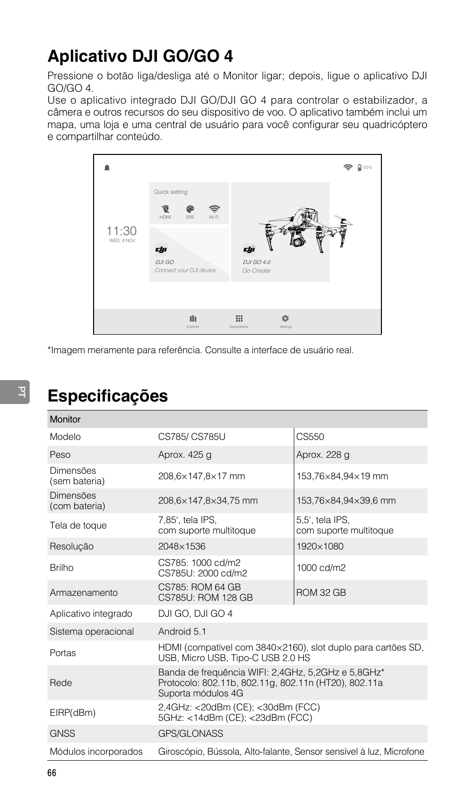 Aplicativo dji go/go 4, Especificações | DJI CrystalSky 5.5" High-Brightness Monitor User Manual | Page 67 / 78