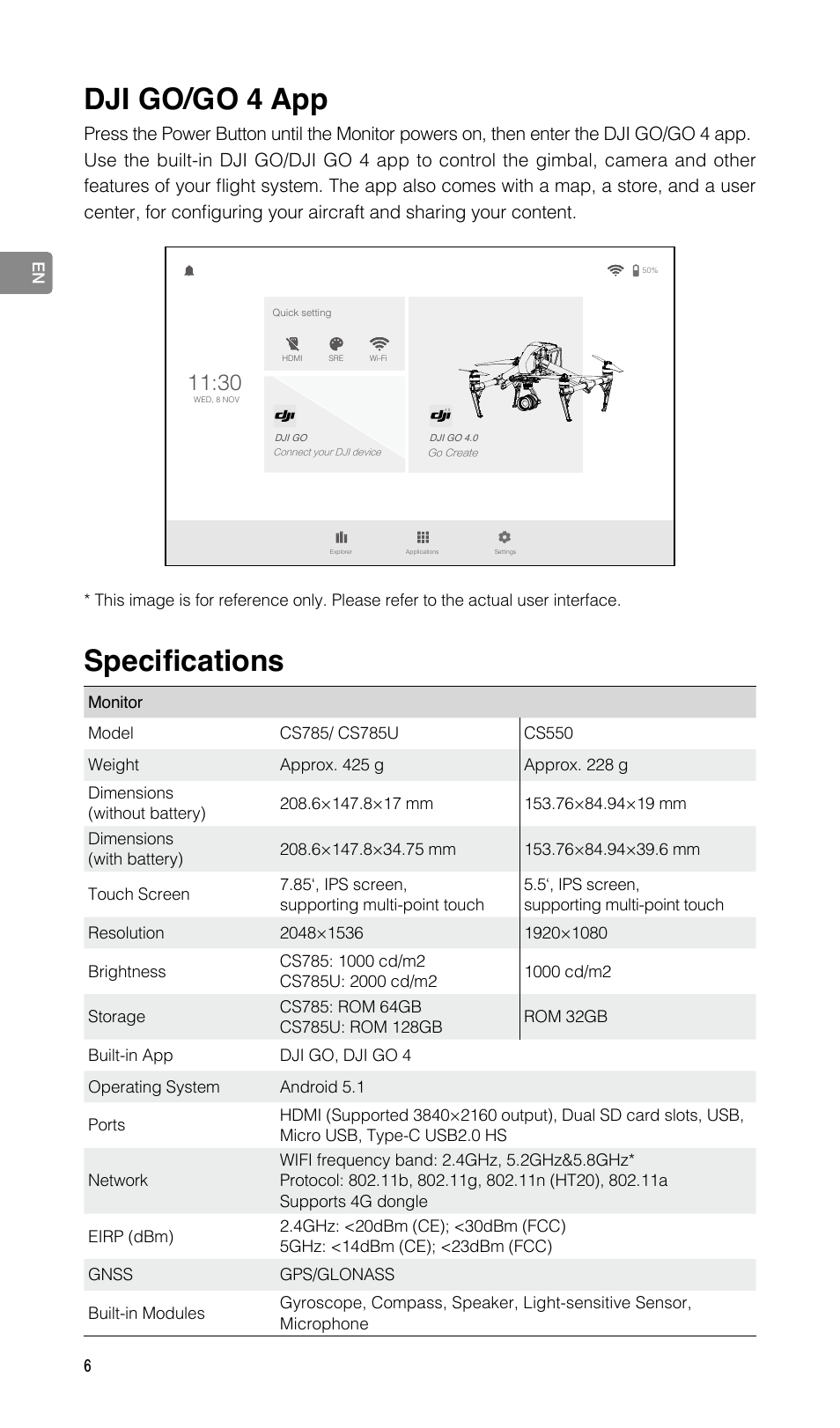 Dji go/go 4 app, Specifications | DJI CrystalSky 5.5" High-Brightness Monitor User Manual | Page 7 / 78