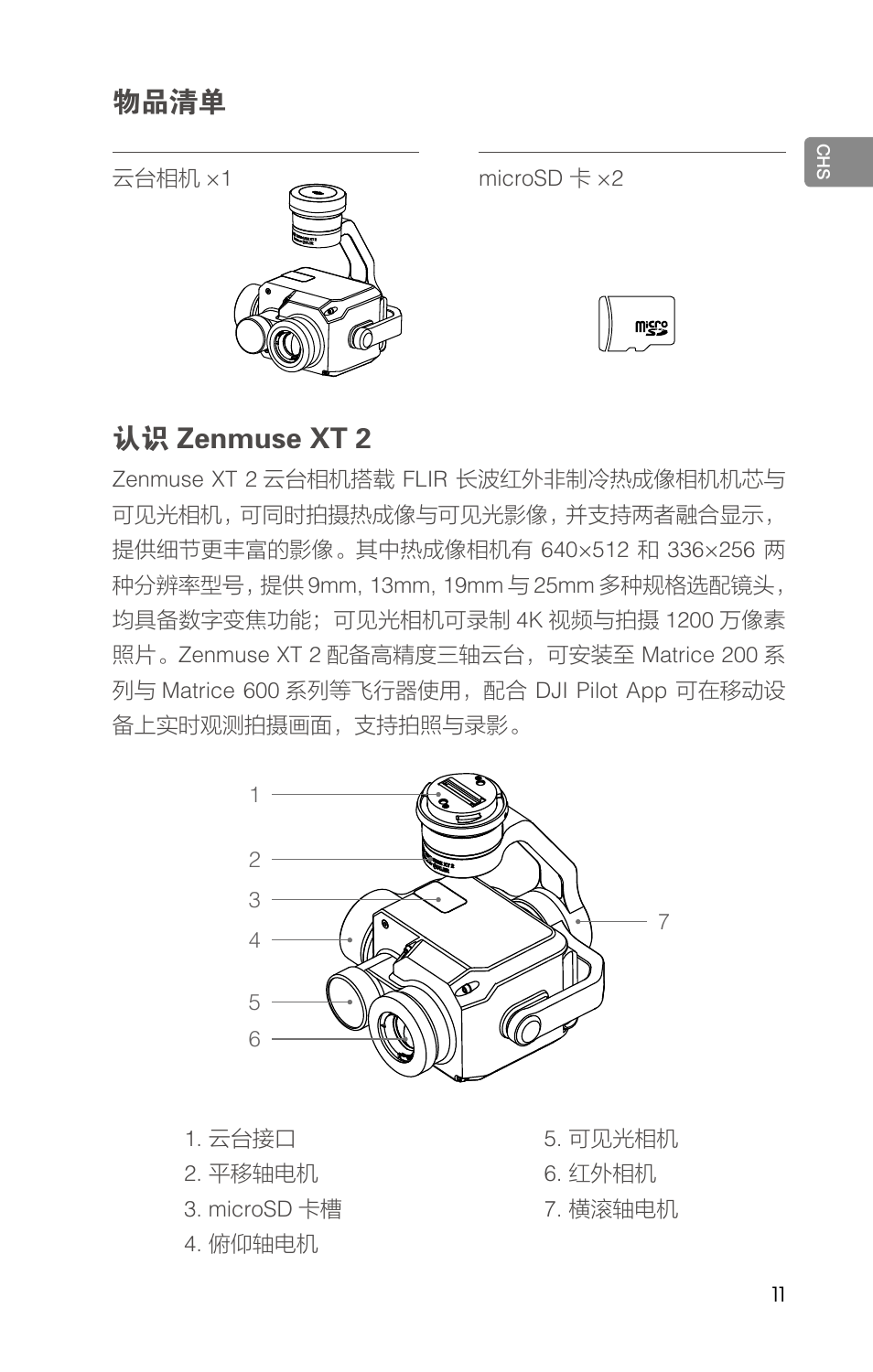 物品清单, 认识 zenmuse xt 2 | DJI Zenmuse XT2 Dual 4K/Drone Thermal Camera (19mm, 9 Hz, 336 x 256) User Manual | Page 13 / 97