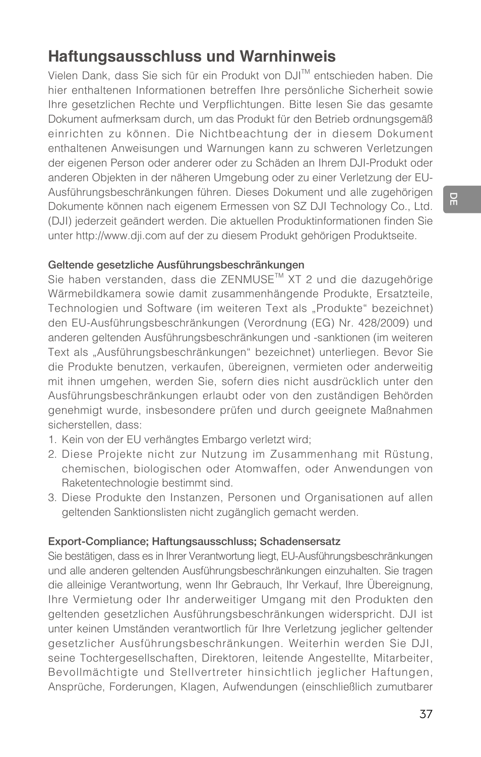 Haftungsausschluss und warnhinweis | DJI Zenmuse XT2 Dual 4K/Drone Thermal Camera (19mm, 9 Hz, 336 x 256) User Manual | Page 39 / 97