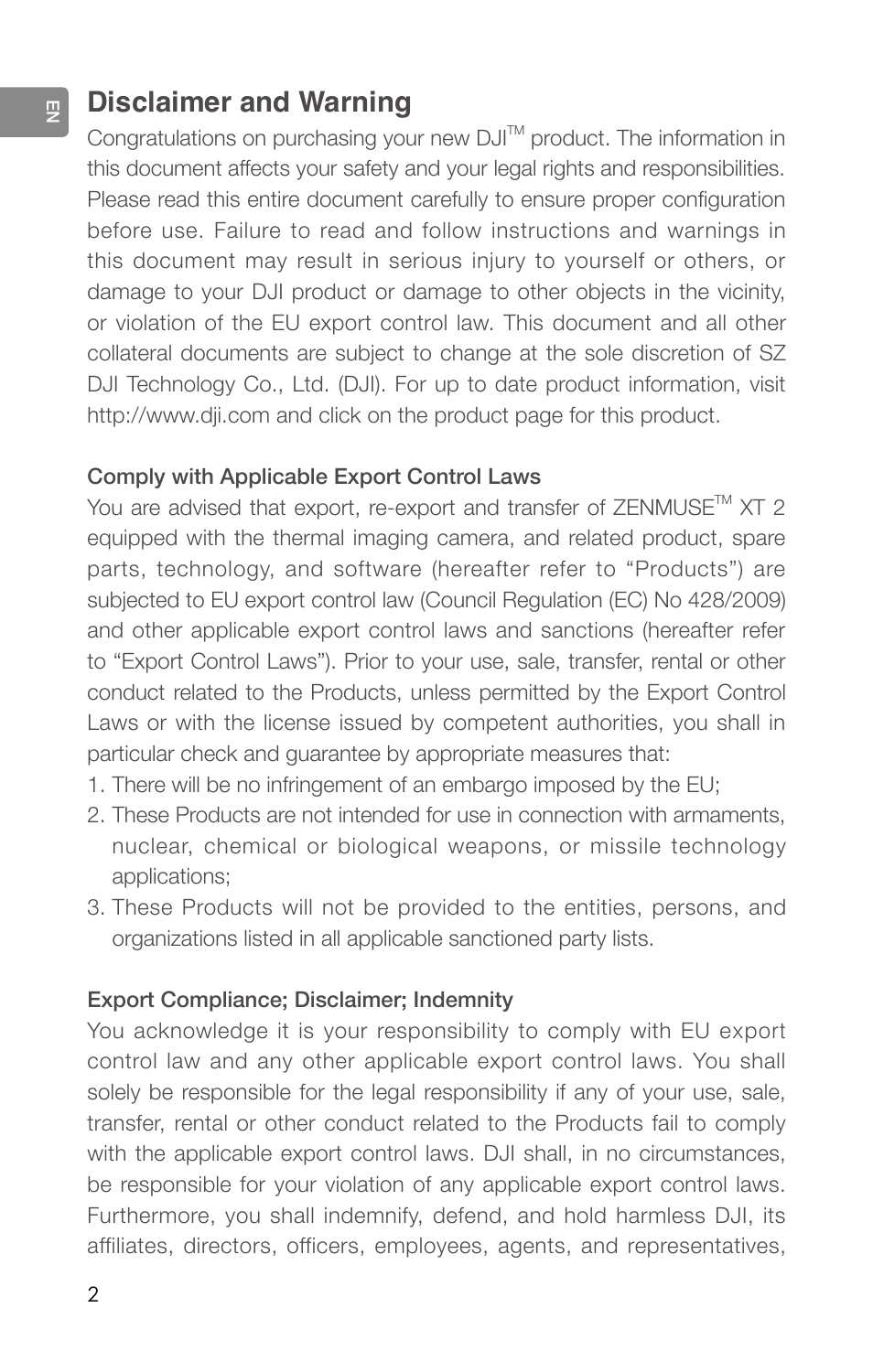 Disclaimer and warning | DJI Zenmuse XT2 Dual 4K/Drone Thermal Camera (19mm, 9 Hz, 336 x 256) User Manual | Page 4 / 97