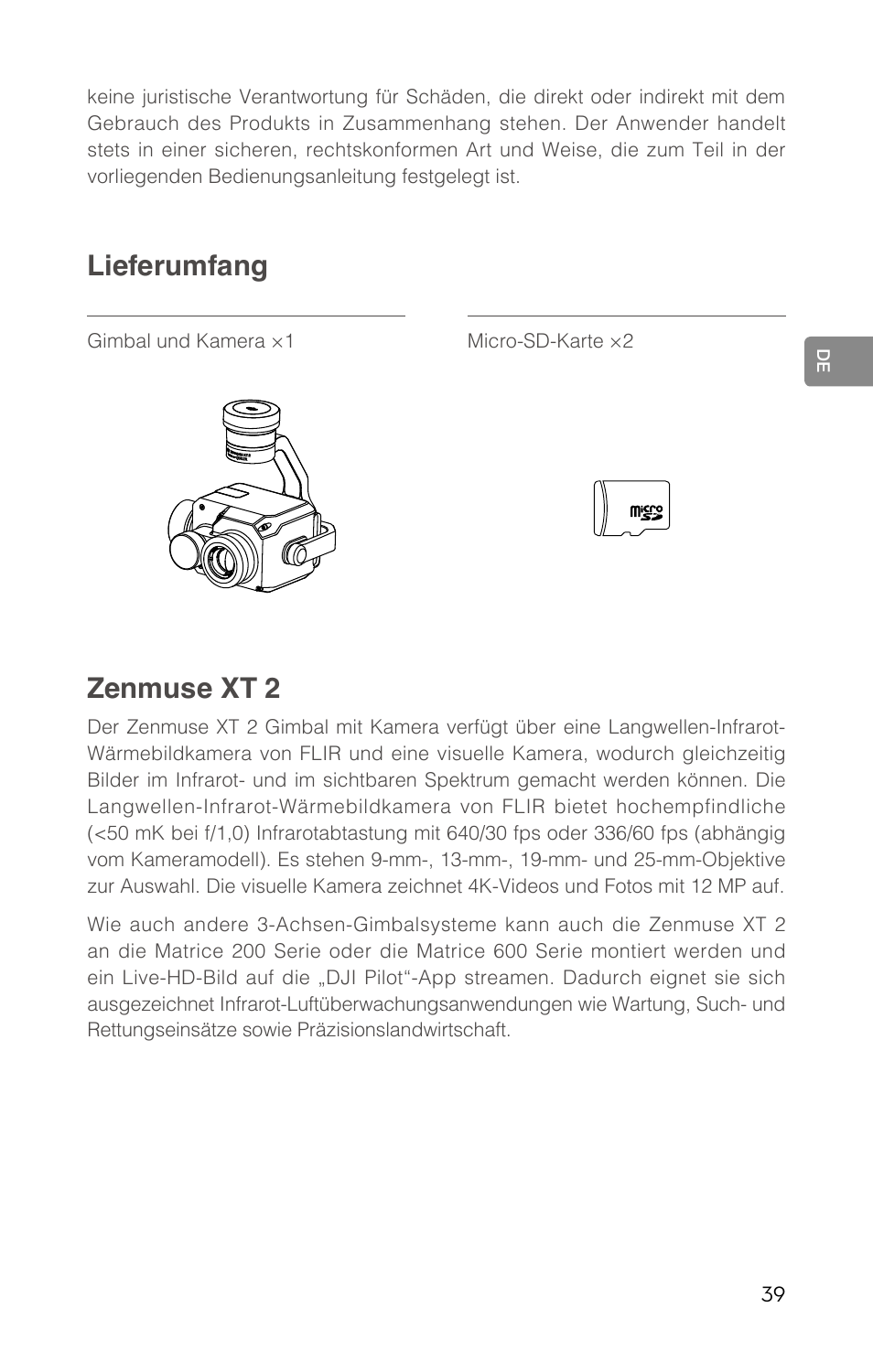 Lieferumfang, Zenmuse xt 2 | DJI Zenmuse XT2 Dual 4K/Drone Thermal Camera (19mm, 9 Hz, 336 x 256) User Manual | Page 41 / 97