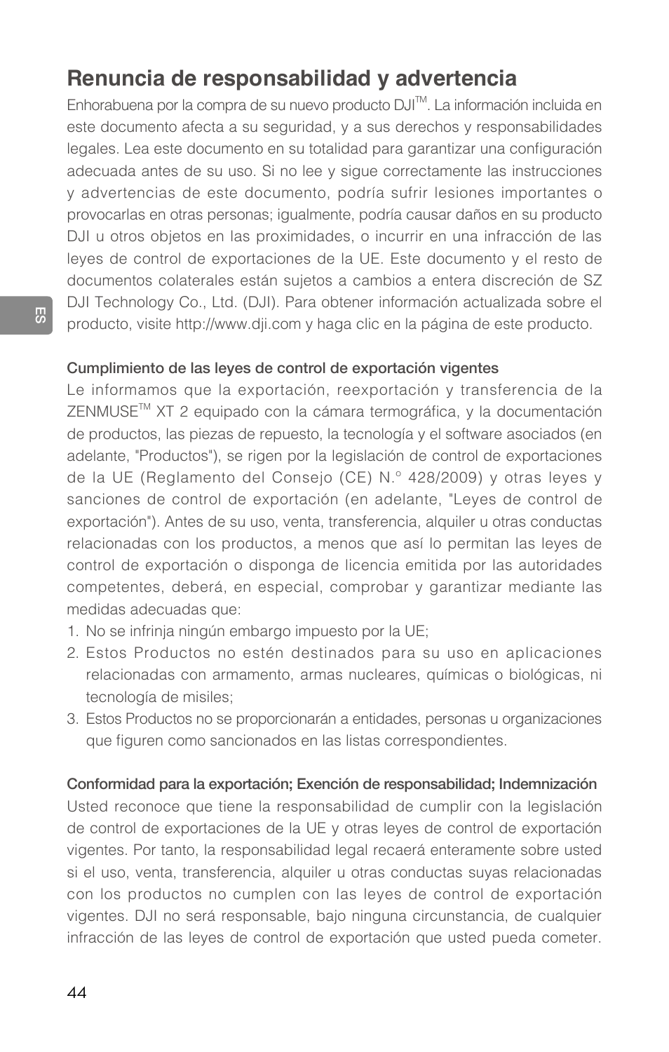 Renuncia de responsabilidad y advertencia | DJI Zenmuse XT2 Dual 4K/Drone Thermal Camera (19mm, 9 Hz, 336 x 256) User Manual | Page 46 / 97