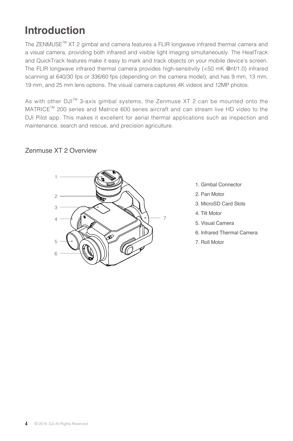 Introduction, Zenmuse xt 2 overview | DJI Zenmuse XT2 Dual 4K/Drone Thermal Camera (19mm, 9 Hz, 336 x 256) User Manual | Page 4 / 18