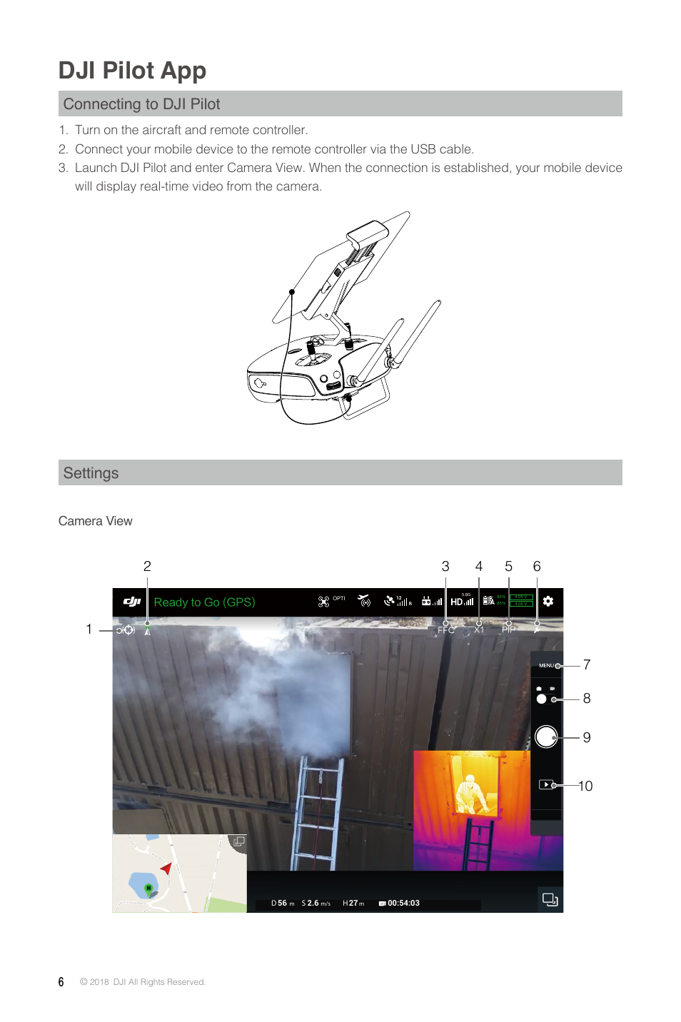 Dji pilot app, Connecting to dji pilot, Settings | Camera view | DJI Zenmuse XT2 Dual 4K/Drone Thermal Camera (19mm, 9 Hz, 336 x 256) User Manual | Page 6 / 18