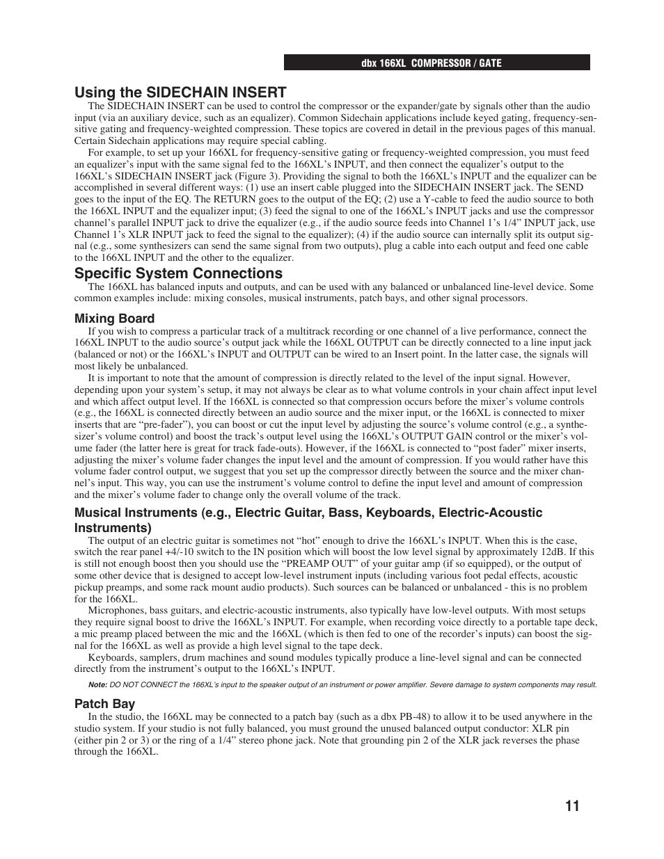 Using the sidechain insert, Specific system connections | dbx Pro 166XL User Manual | Page 13 / 60