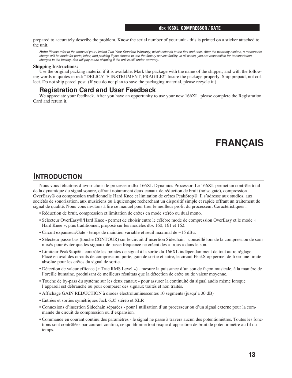 Français, Registration card and user feedback, Ntroduction | dbx Pro 166XL User Manual | Page 15 / 60