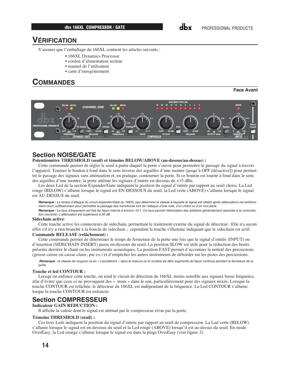 Érification, Ommandes | dbx Pro 166XL User Manual | Page 16 / 60