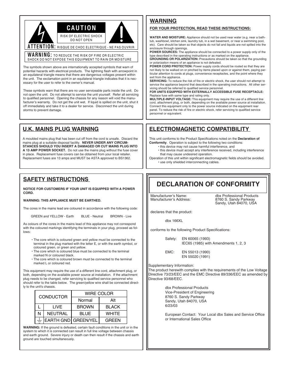 Declaration of conformity, Warning, Safety instructions | U.k. mains plug warning, Attention, Electromagnetic compatibility | dbx Pro 166XL User Manual | Page 2 / 60