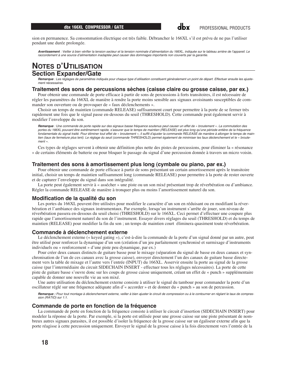 Otes d, Tilisation | dbx Pro 166XL User Manual | Page 20 / 60