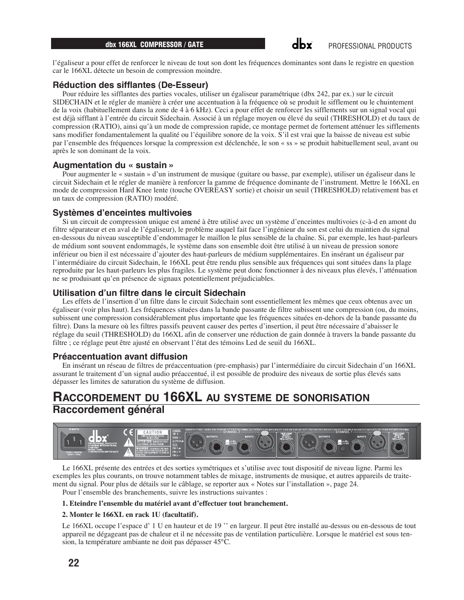 166xl, Raccordement général | dbx Pro 166XL User Manual | Page 24 / 60