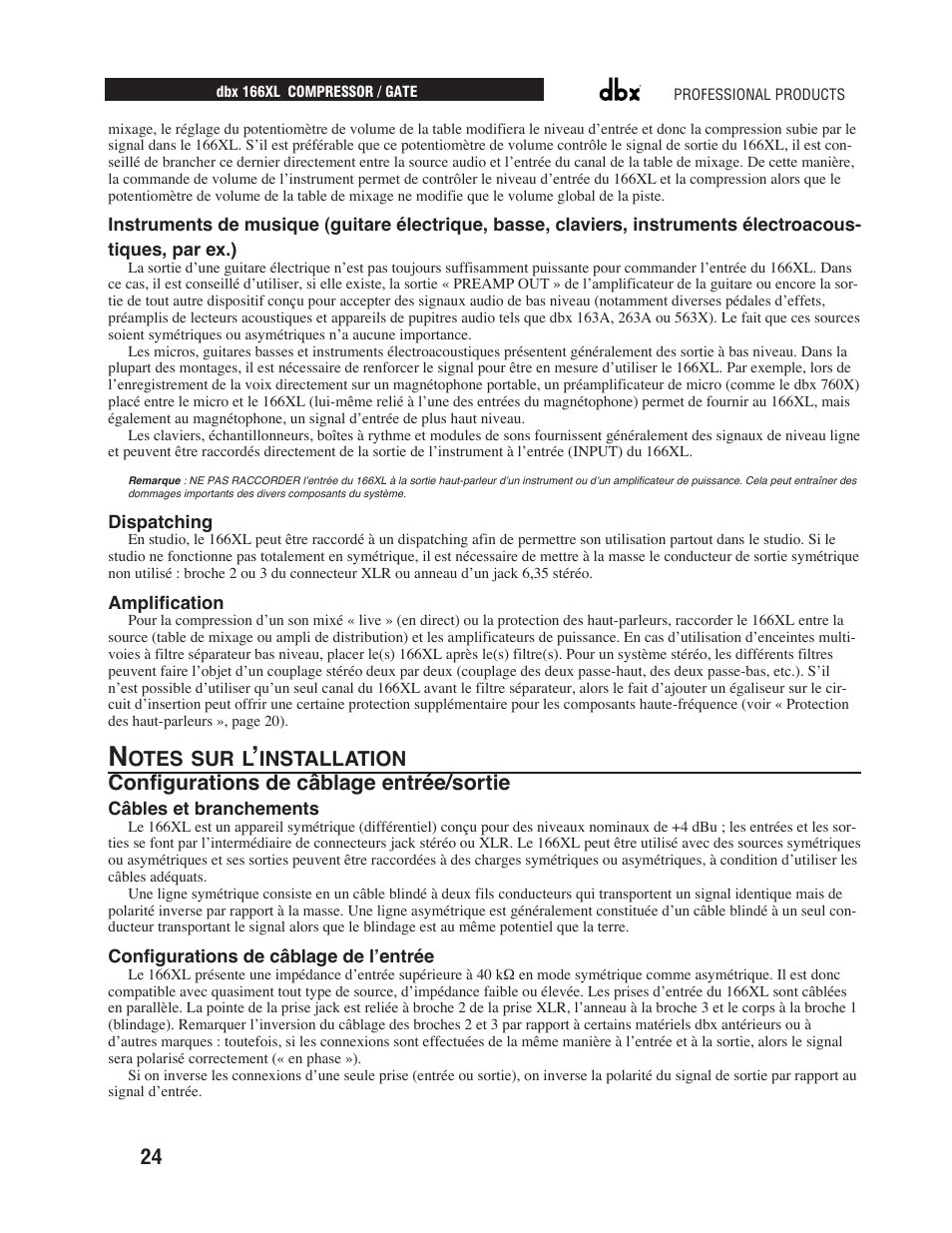 Configurations de câblage entrée/sortie, Otes sur l, Installation | dbx Pro 166XL User Manual | Page 26 / 60