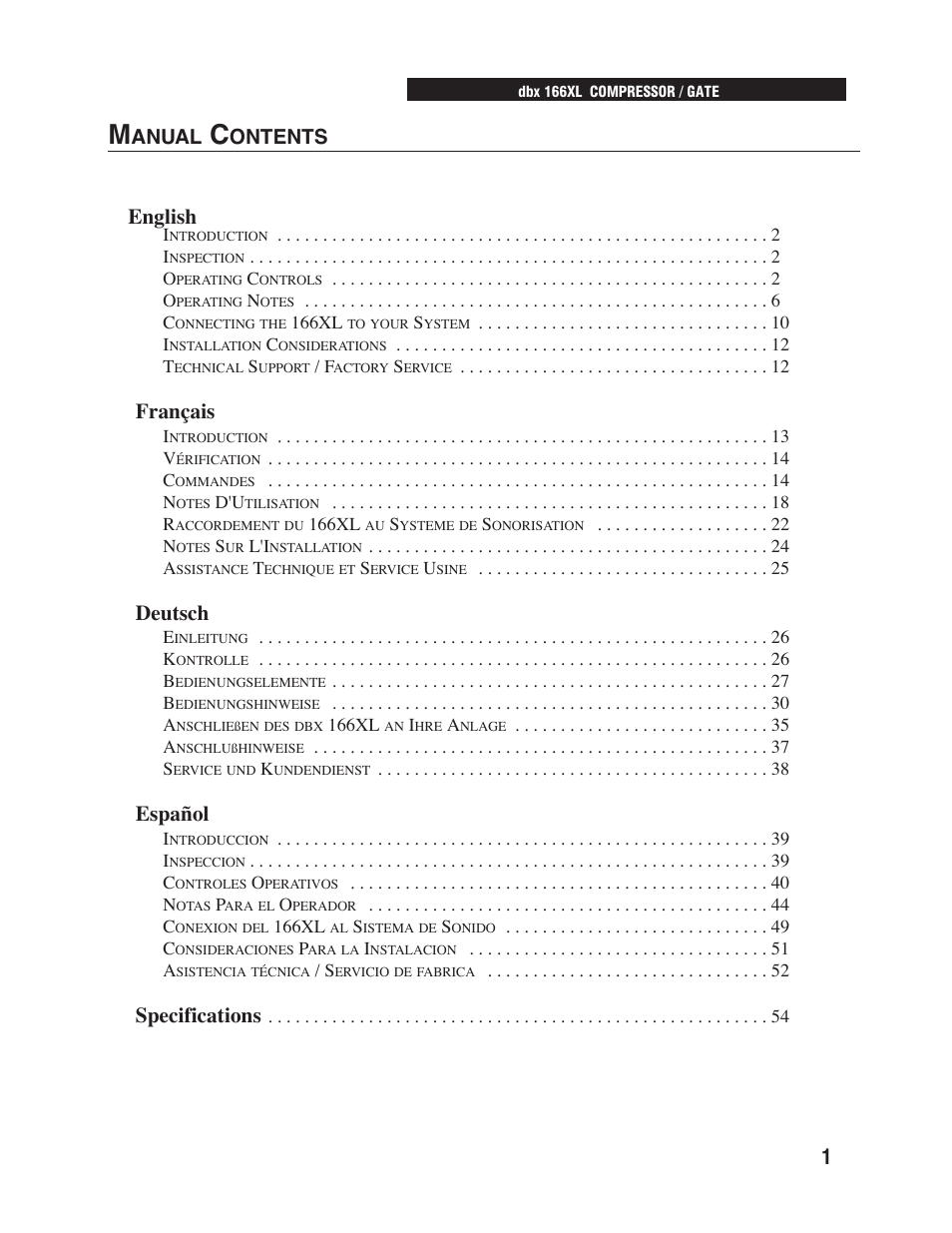 English, Français, Deutsch | Español, Specifications, Anual, Ontents | dbx Pro 166XL User Manual | Page 3 / 60