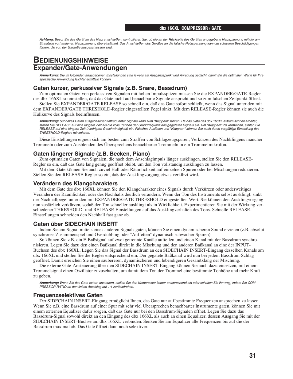 Expander/gate-anwendungen, Edienungshinweise | dbx Pro 166XL User Manual | Page 33 / 60