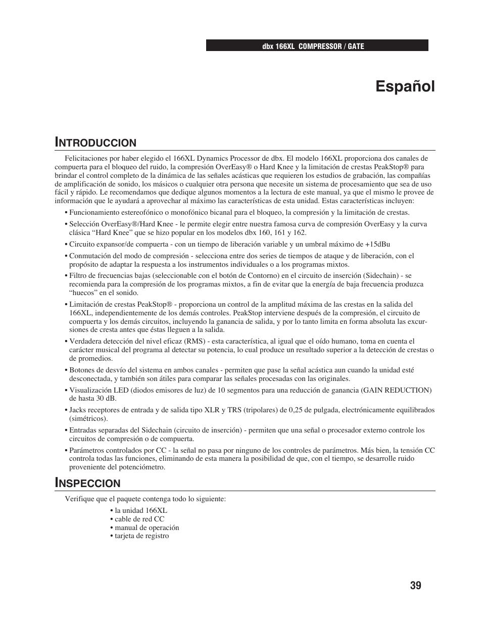 Español | dbx Pro 166XL User Manual | Page 41 / 60