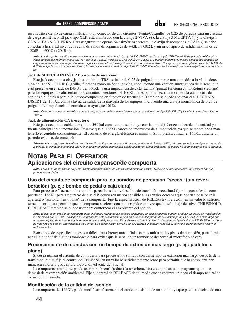 Aplicaciones del circuito expansor/de compuerta, Otas, Ara el | Perador | dbx Pro 166XL User Manual | Page 46 / 60