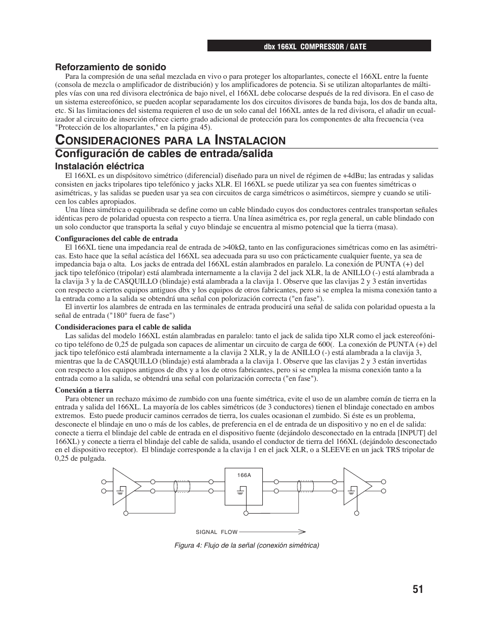 Configuración de cables de entrada/salida, Onsideraciones para la, Nstalacion | dbx Pro 166XL User Manual | Page 53 / 60