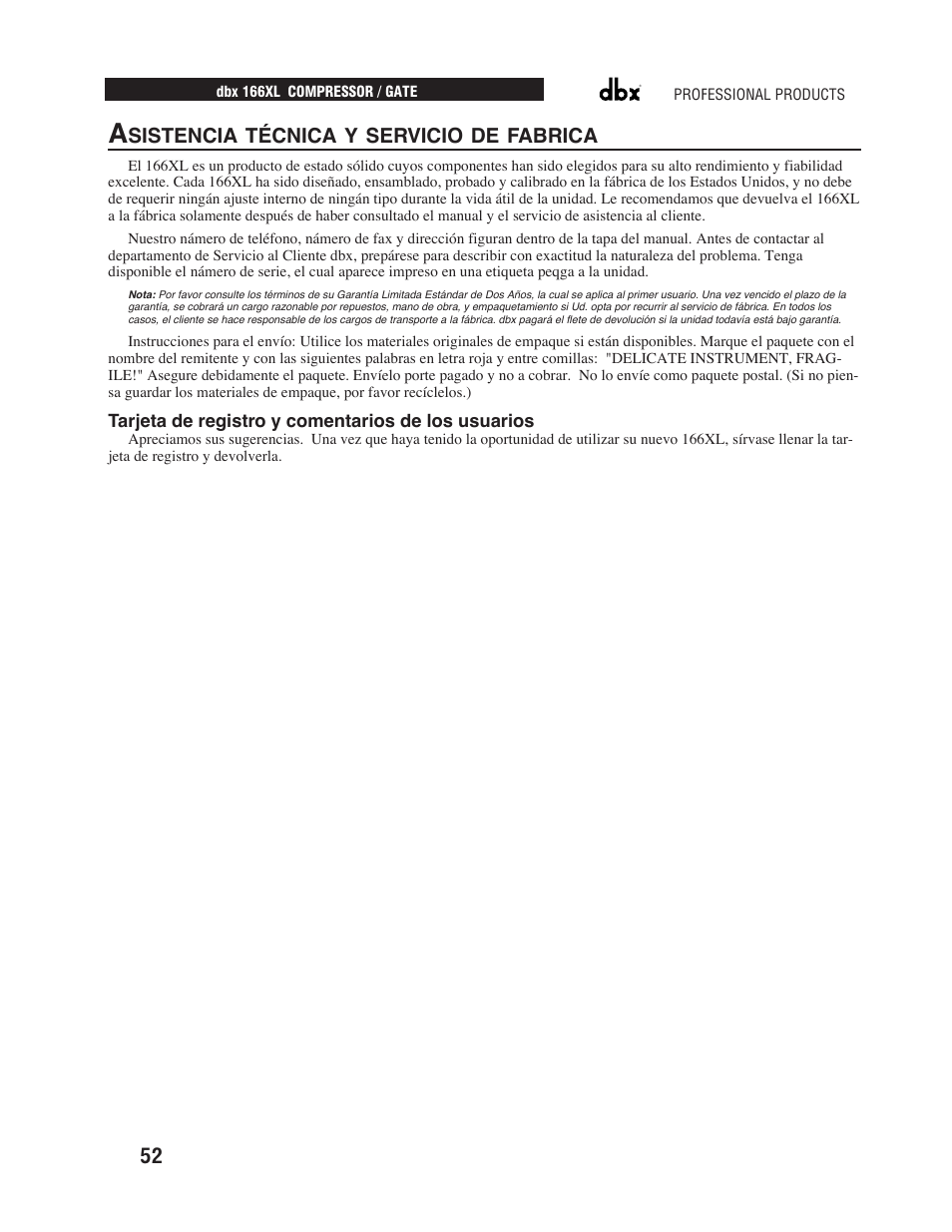 Sistencia técnica y servicio de fabrica | dbx Pro 166XL User Manual | Page 54 / 60