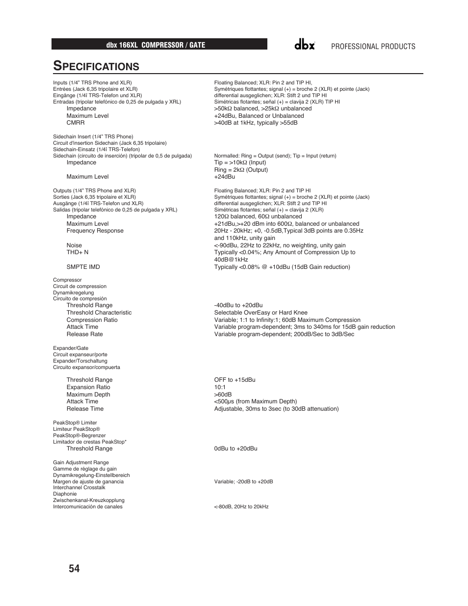 Pecifications | dbx Pro 166XL User Manual | Page 56 / 60