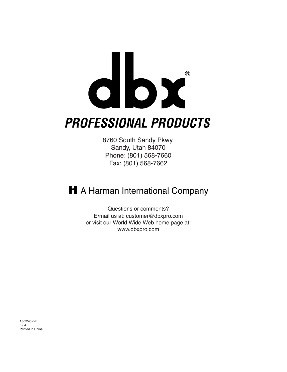 A harman international company | dbx Pro 166XL User Manual | Page 60 / 60