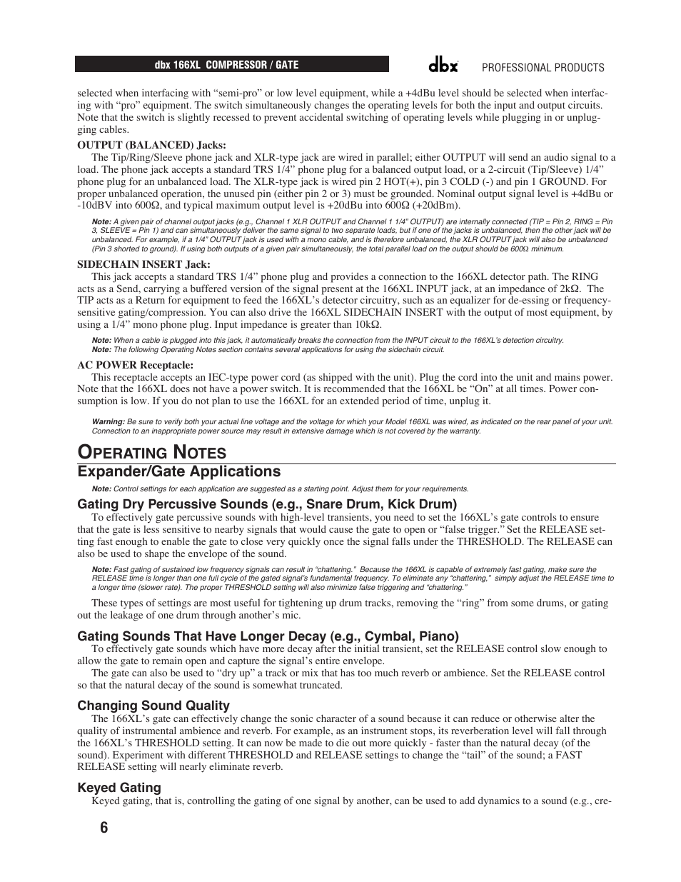 Expander/gate applications, Perating, Otes | dbx Pro 166XL User Manual | Page 8 / 60