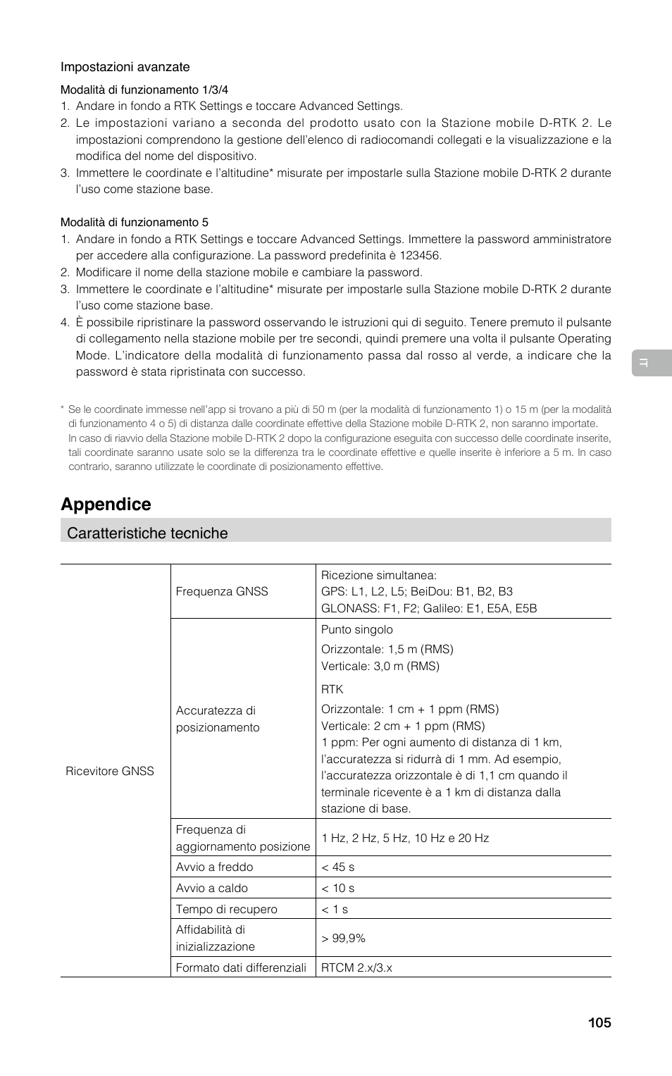 Appendice, Caratteristiche tecniche | DJI D-RTK 2 High-Precision GNSS Mobile Station User Manual | Page 106 / 163