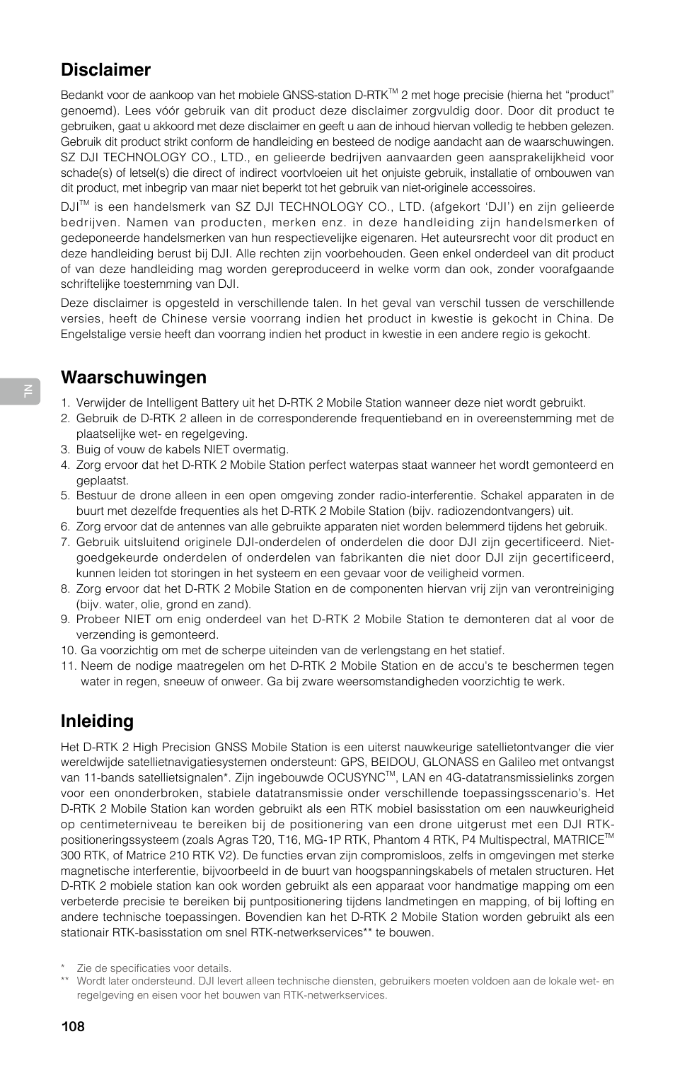 Gebruikershandleiding, Disclaimer, Waarschuwingen | Inleiding | DJI D-RTK 2 High-Precision GNSS Mobile Station User Manual | Page 109 / 163
