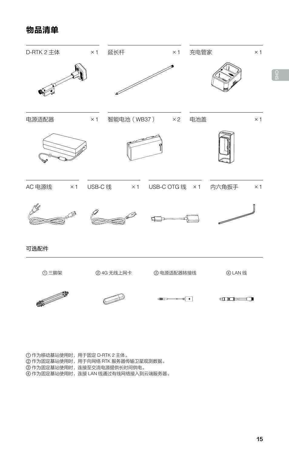 物品清单 | DJI D-RTK 2 High-Precision GNSS Mobile Station User Manual | Page 16 / 163